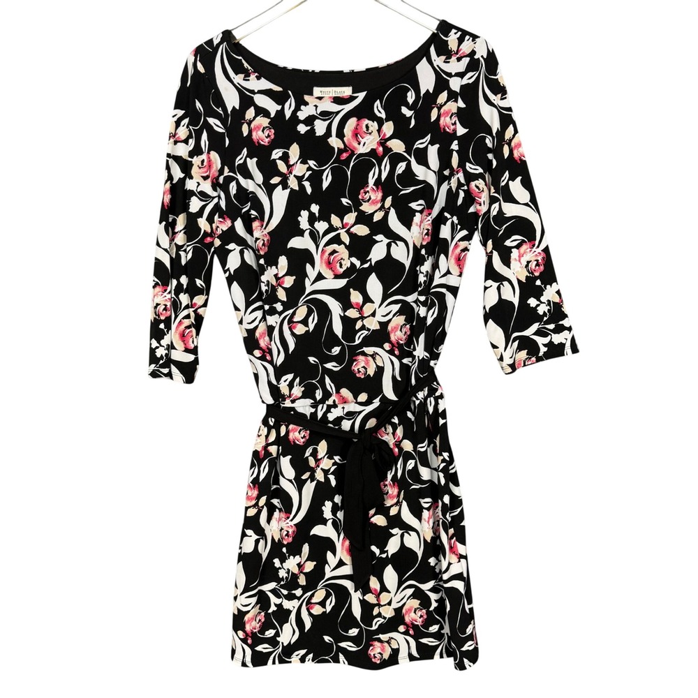 WHBM Dress Womens Medium Black Floral Pink Rose 3/4 Sleeve Belted Stretch‎ Knee